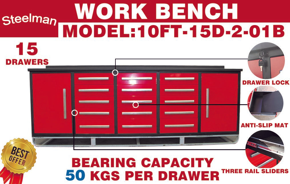 Chery Industrial Steelman 10’ Workbench Storage Cabinet with 15 Drawers & 2 Cabinets Heavy‑Duty Tool Chest