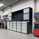 Chery Industrial 10ft Workbench Cabinet (30 Drawers, 2 Cabinets & 1 Pegboard)