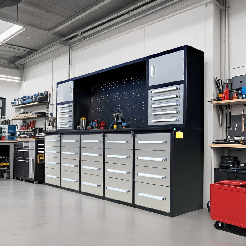 Chery Industrial 10ft Workbench Cabinet (30 Drawers, 2 Cabinets & 1 Pegboard)