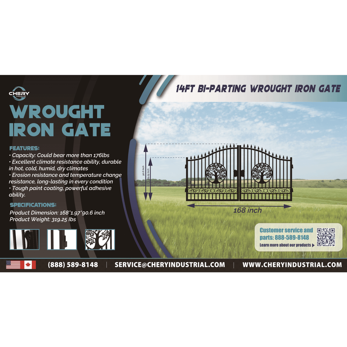 Chery Industrial 14’ Iron Gate with Wider Goalposts, No Metal Ball Dual Swing Driveway Gate