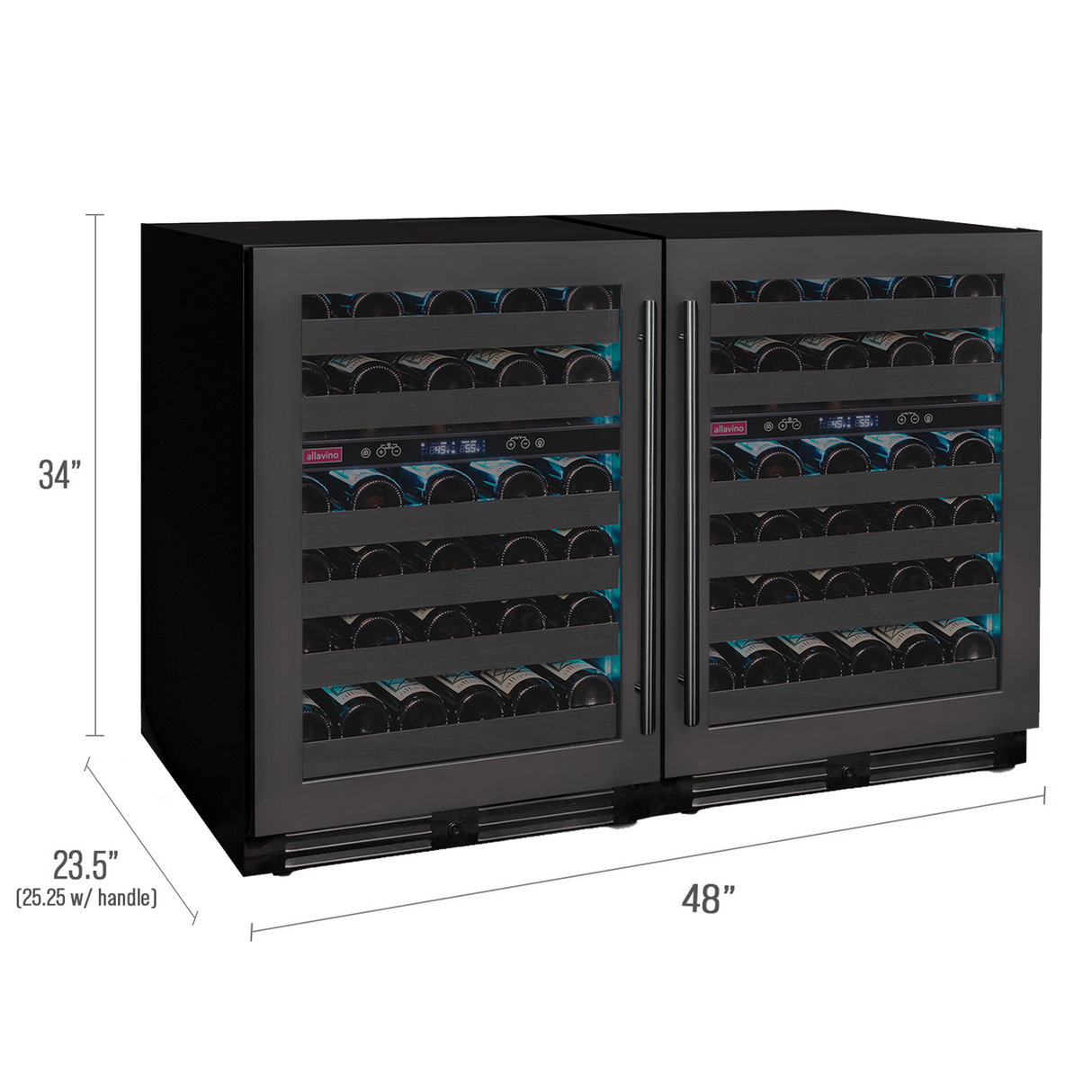 Allavino Reserva Series 100‑Bottle 34″ Tall Four‑Zone Black Stainless Steel Side‑by‑Side Wine Cooler Refrigerator BF 2X‑BDW5034D‑2BS