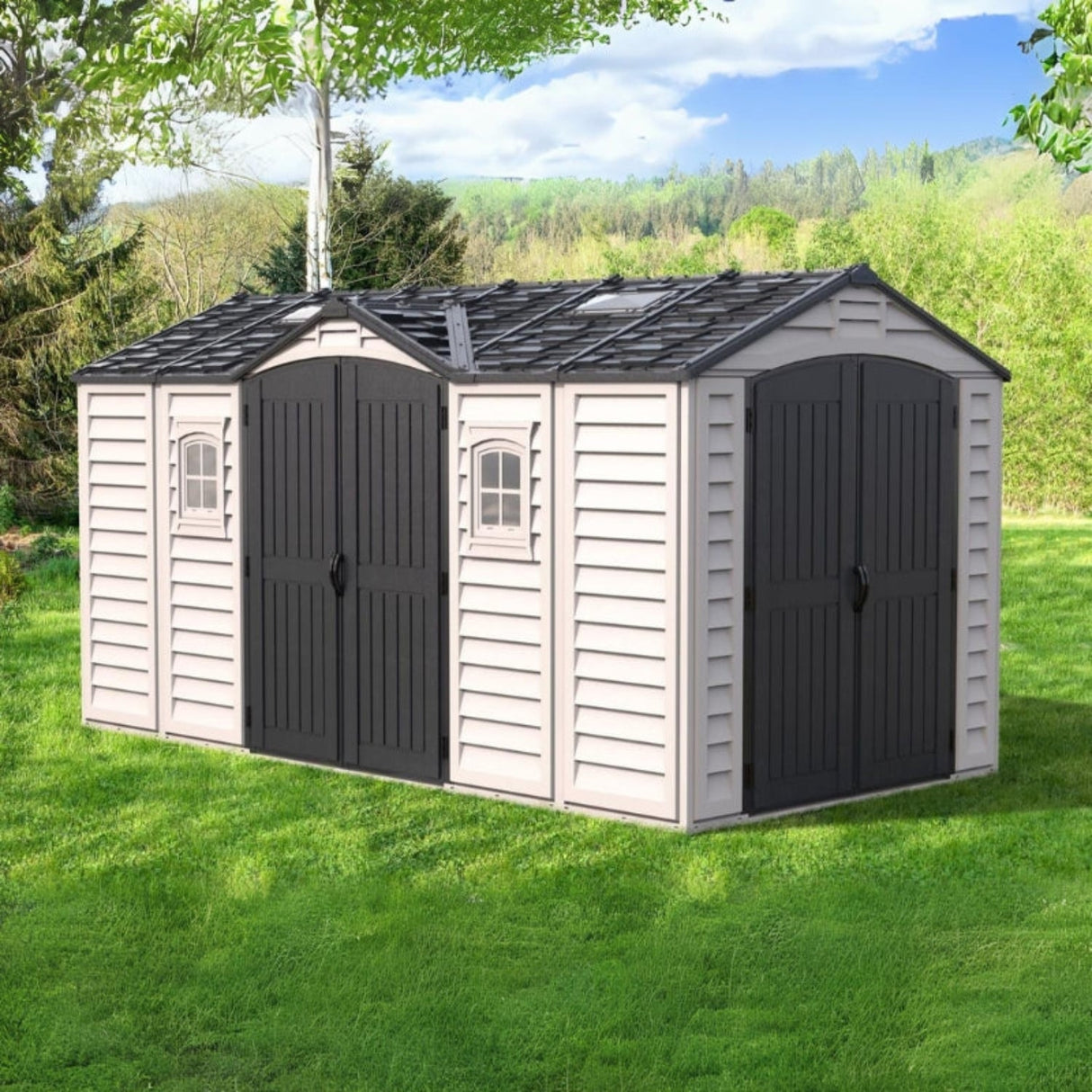Chery Industrial Duramax 15.8’ Apex‑Pro Vinyl Storage Shed with Foundation Kit