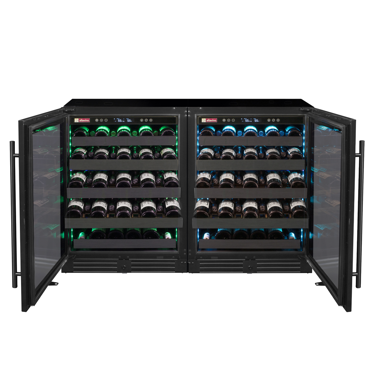 Allavino Reserva Series 100‑Bottle 34″ Tall Dual Zone Black Stainless Steel Side‑by‑Side Wine Cooler Refrigerator BF 2X‑BDW5034S‑1BS