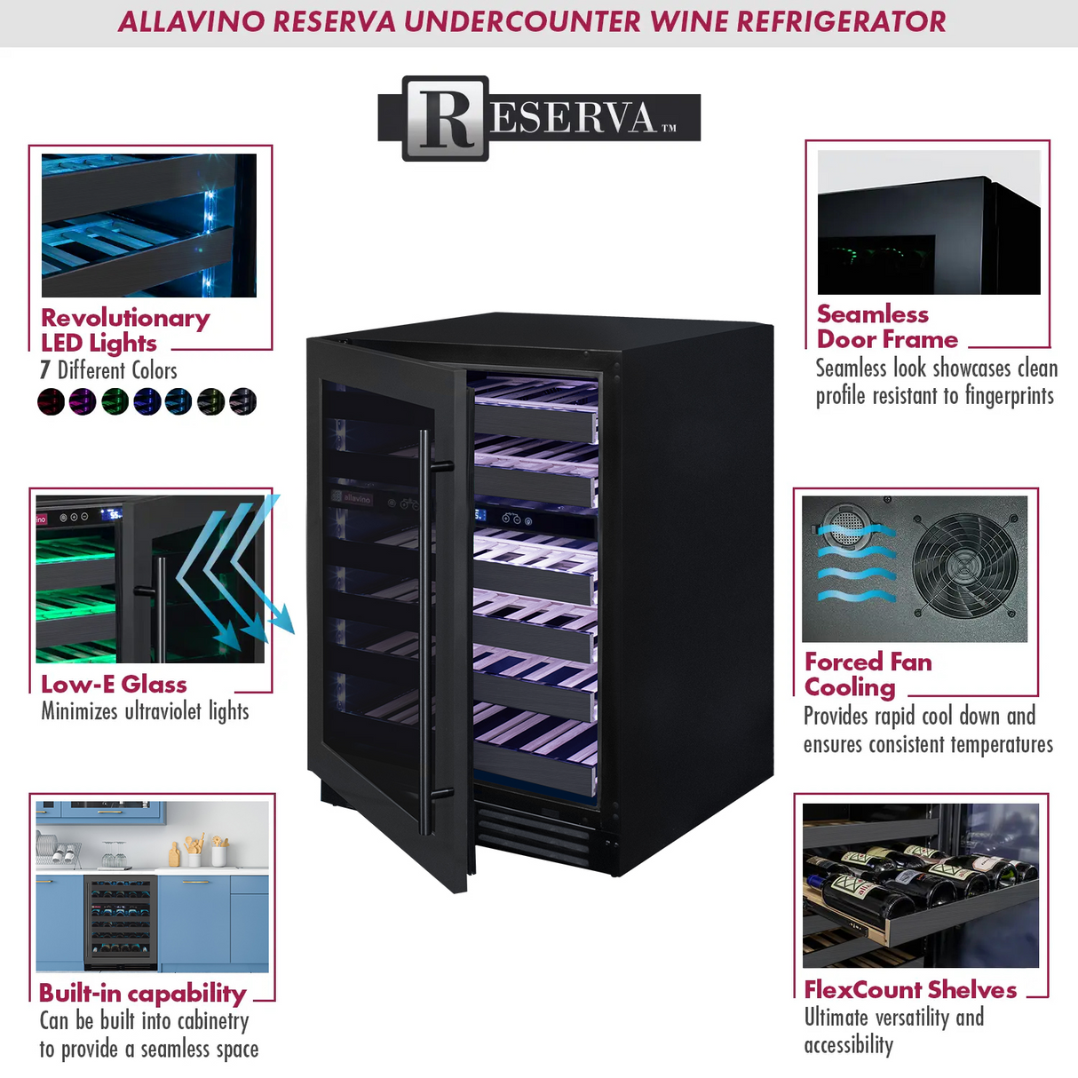 Allavino Reserva Series 100‑Bottle 34″ Tall Four‑Zone Black Stainless Steel Side‑by‑Side Wine Cooler Refrigerator BF 2X‑BDW5034D‑2BS