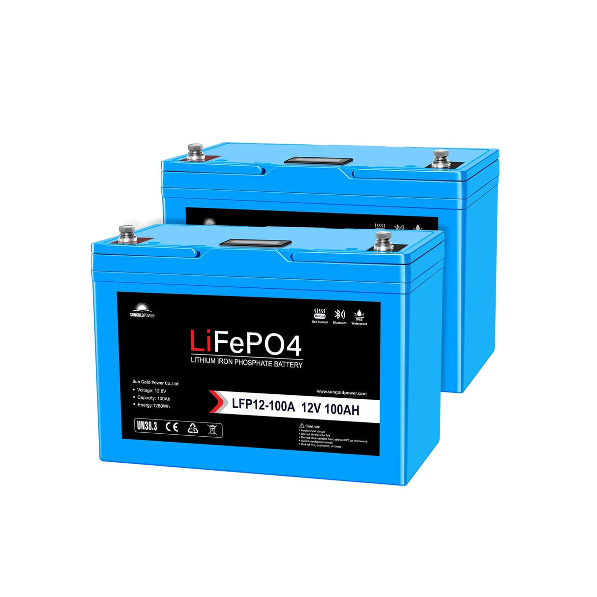 SunGoldPower 2X 12V 100Ah LiFePO4 Deep Cycle Lithium Battery Bluetooth Self-Heating IP65