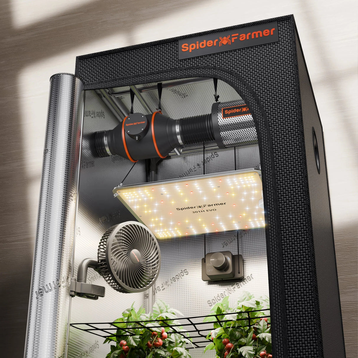 Spider Farmer 2’x2′ Complete Grow Tent Kit SF1000 301H EVO LED Grow Light 4” Ventilation System with Speed Controller
