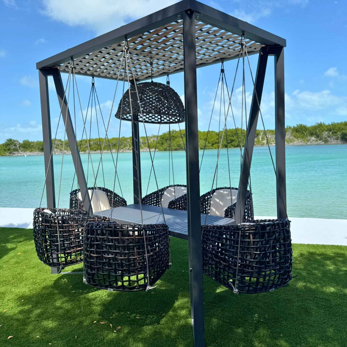 Skyline Design Horizon 8FT Pergola with Lamp, Dynasty Hanging Chairs & Aluminum Table