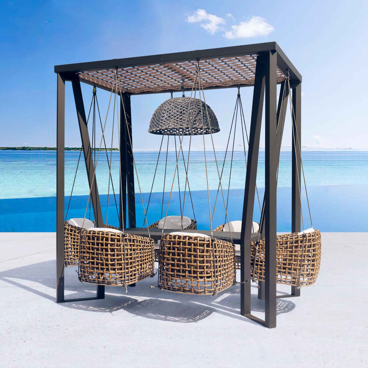 Skyline Design Horizon 8FT Pergola with Lamp, Dynasty Hanging Chairs & Aluminum Table