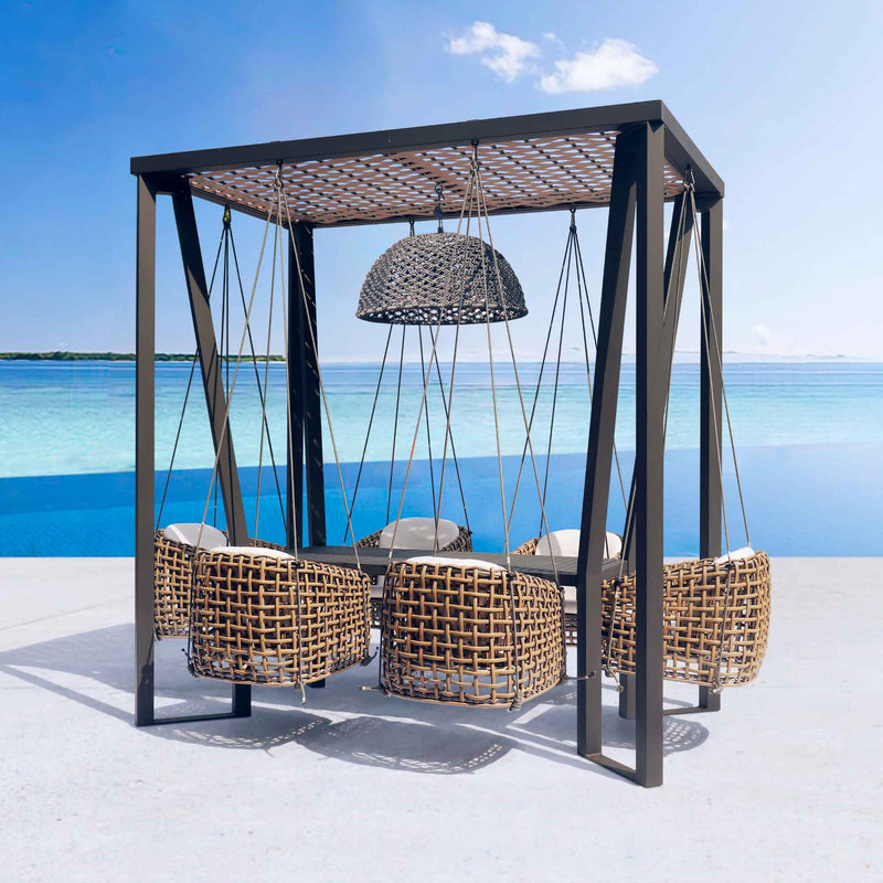 Skyline Design Horizon 8FT Pergola with Lamp, Dynasty Hanging Chairs & Aluminum Table