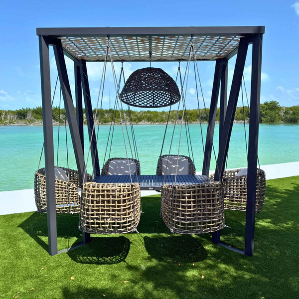 Skyline Design Horizon 8FT Pergola with Lamp, Dynasty Hanging Chairs & Aluminum Table