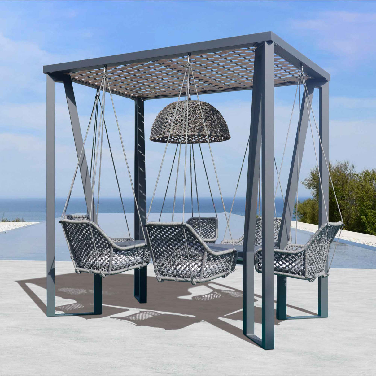 Skyline Design Horizon 8FT Pergola with Lamp, Moma Hanging Chairs & Aluminum Table
