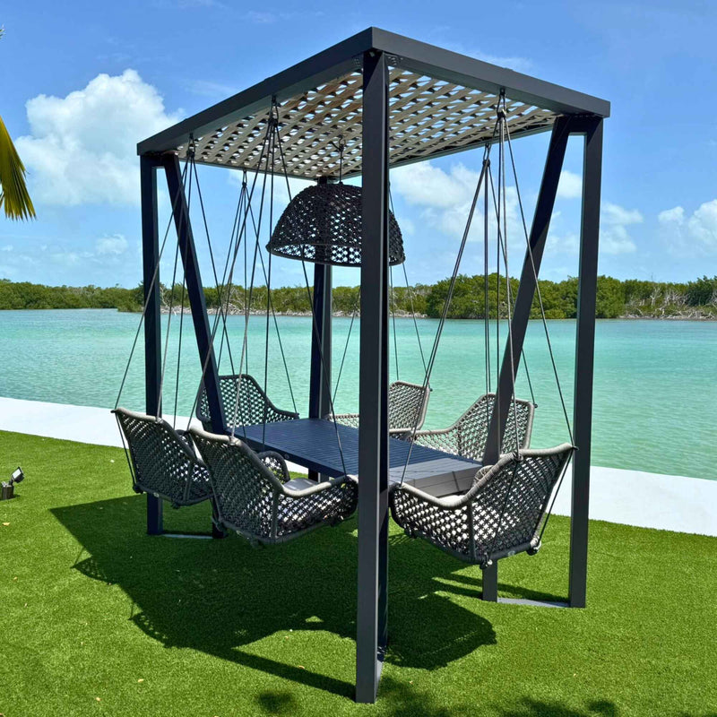Skyline Design Horizon 8FT Pergola with Lamp, Moma Hanging Chairs & Aluminum Table