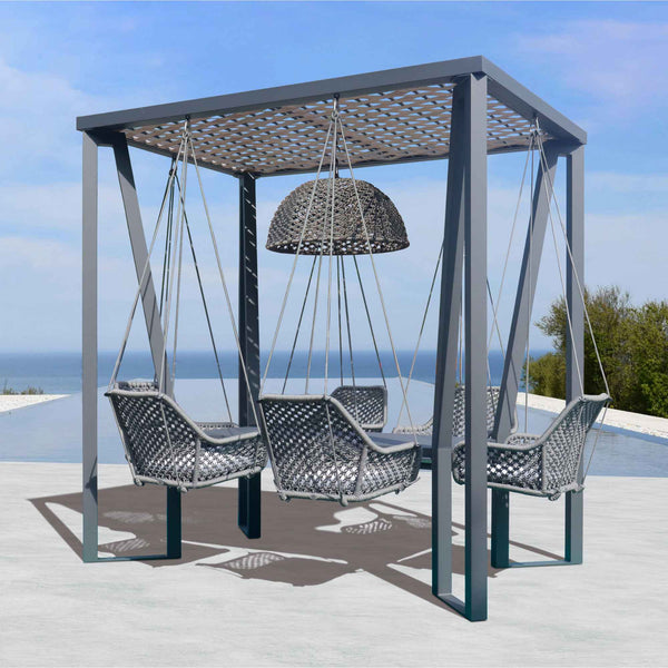 Skyline Design Horizon 8FT Pergola with Lamp, Moma Hanging Chairs & Aluminum Table