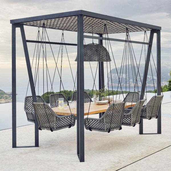 Skyline Design Horizon 10FT Pergola with Lamp, Moma Hanging Chairs & Teak Table