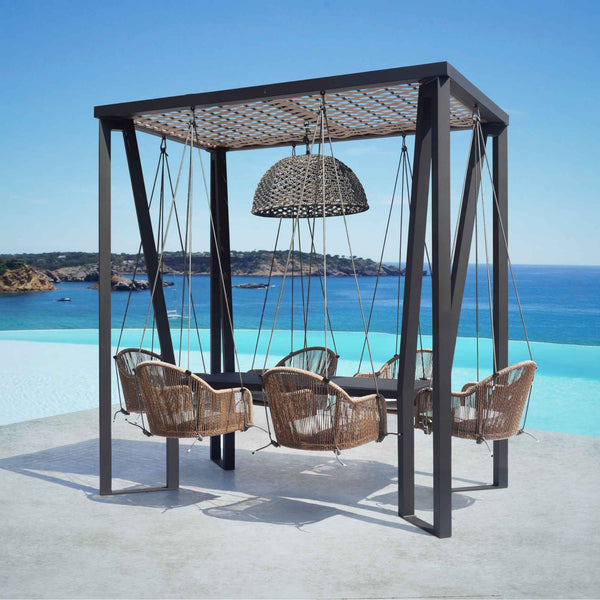 Skyline Design Horizon 8FT Pergola with Lamp, Calixto Hanging Chairs & Aluminum Table