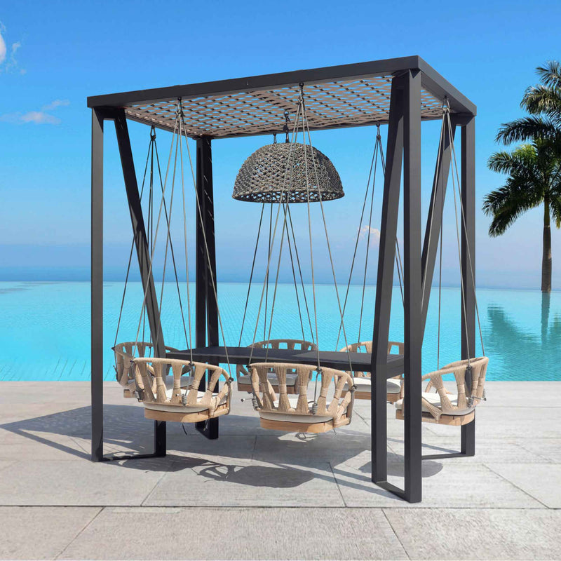 Skyline Design Horizon 8FT Pergola with Lamp, Krabi Hanging Chairs & Aluminum Table