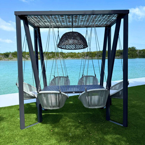 Skyline Design Horizon 8FT Pergola with Lamp, Rodona Hanging Chairs & Aluminum Table