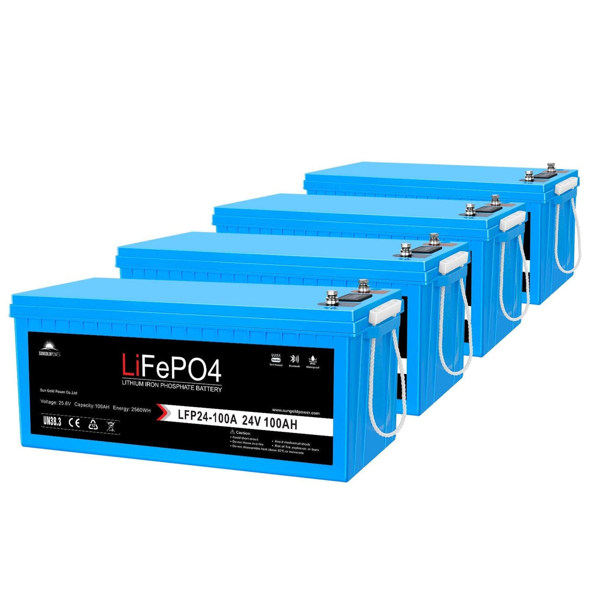 SunGoldPower 4X 24V 100Ah LiFePO4 Deep Cycle Lithium Battery Bluetooth Self‑Heating IP65