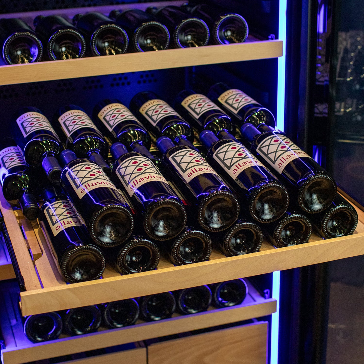 Allavino 496 Bottle Dual Zone Black Glass Side-by-Side Wine Refrigerator with Display Shelving