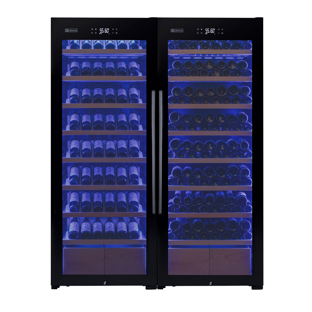 Allavino 496 Bottle Dual Zone Black Glass Side-by-Side Wine Refrigerator with Display Shelving