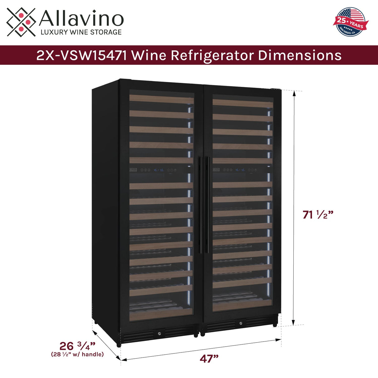 Allavino Reserva Series 308-Bottle 71″ Tall Four-Zone Black Metal Side-by-Side Wine Refrigerator BF 2X-VSW15471D-2B