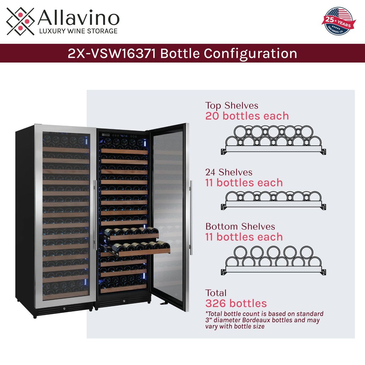 Allavino Reserva Series 326 Bottle 71″ Tall Dual Zone Stainless Steel Side‑by‑Side Wine Refrigerator
