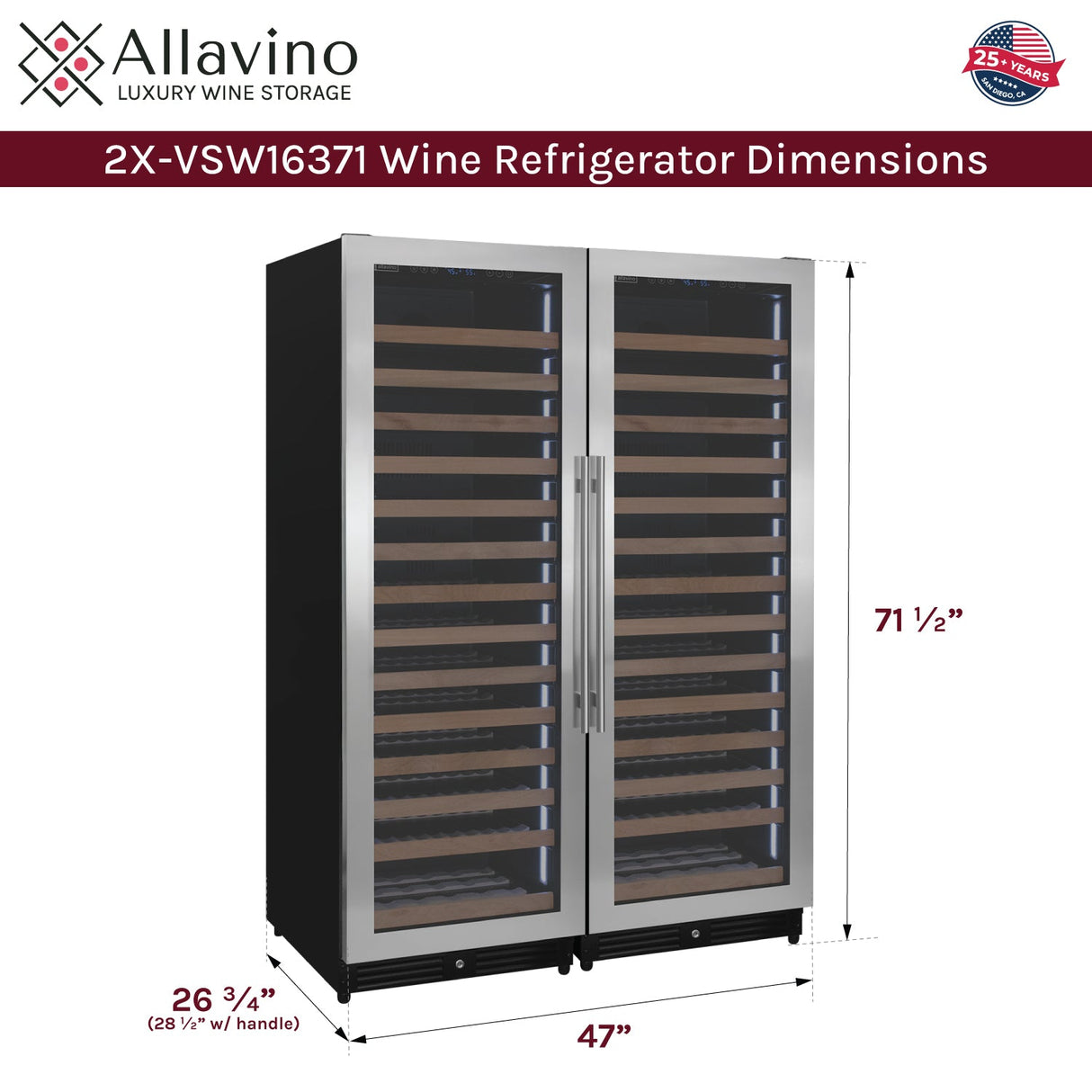 Allavino Reserva Series 326 Bottle 71″ Tall Dual Zone Stainless Steel Side‑by‑Side Wine Refrigerator