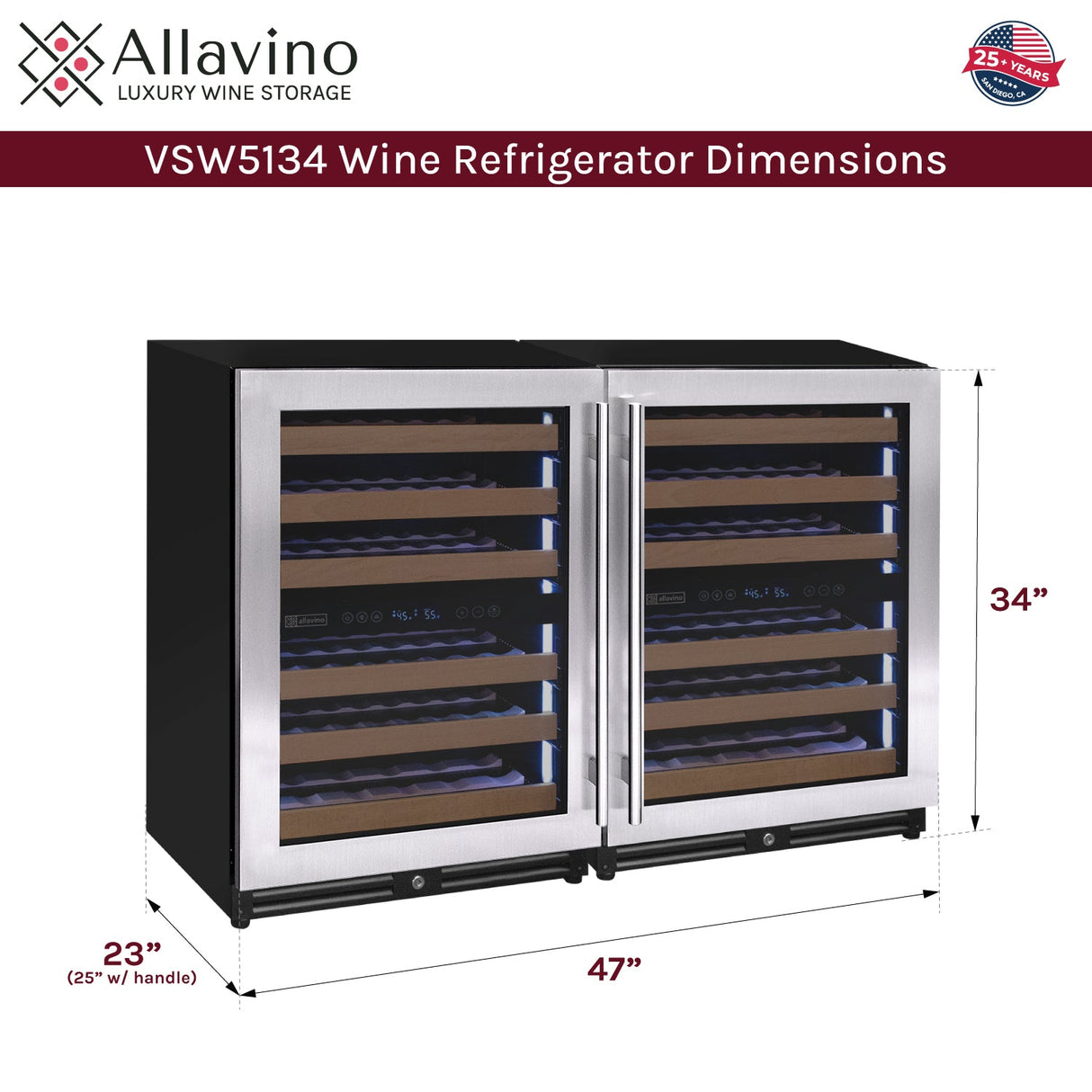 Allavino Reserva Series 102‑Bottle Four‑Zone Undercounter Wine Refrigerator Cooler with Stainless Steel Doors Side‑by‑Side BF 2X‑VSW5134D‑2S