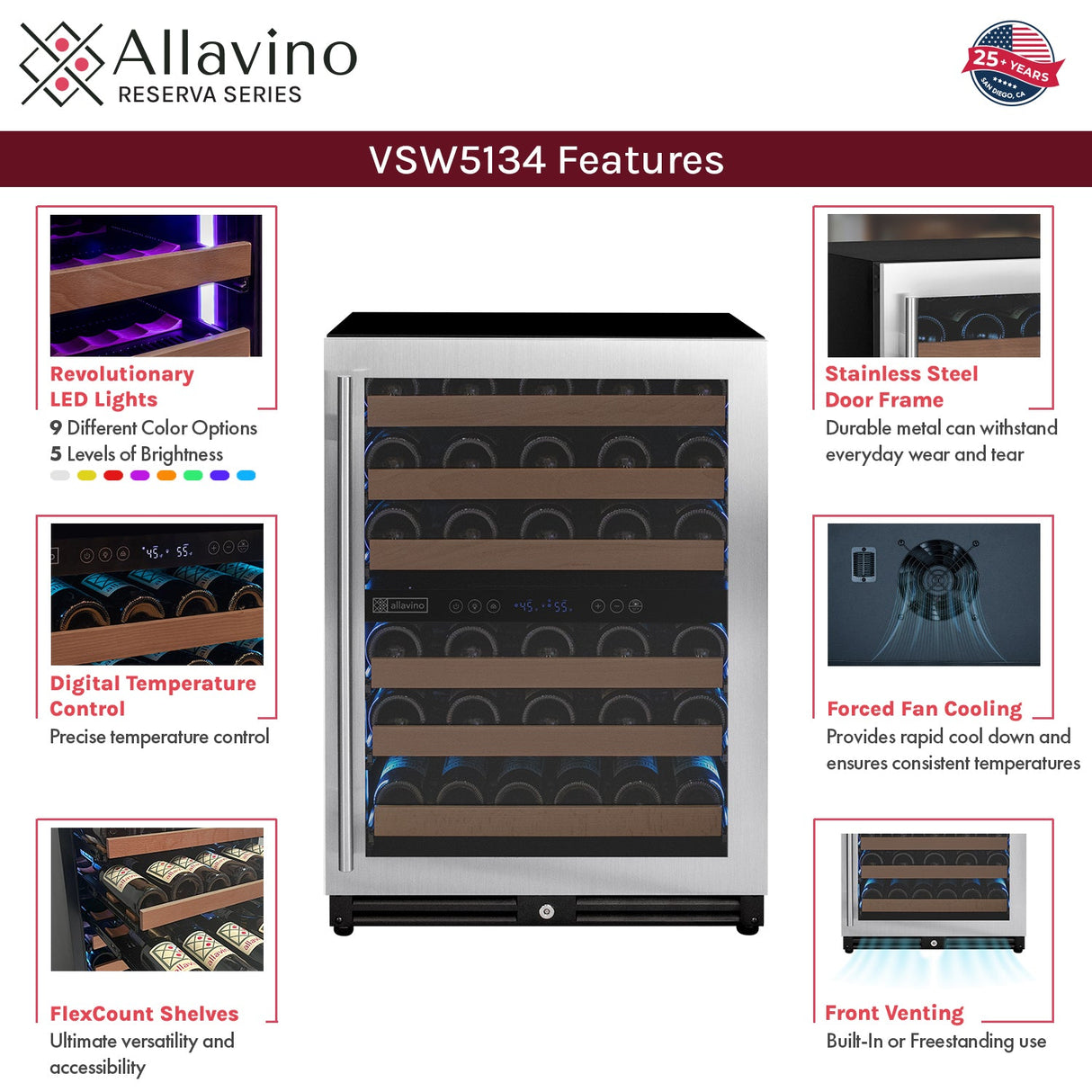 Allavino Reserva Series 102‑Bottle Four‑Zone Undercounter Wine Refrigerator Cooler with Stainless Steel Doors Side‑by‑Side BF 2X‑VSW5134D‑2S