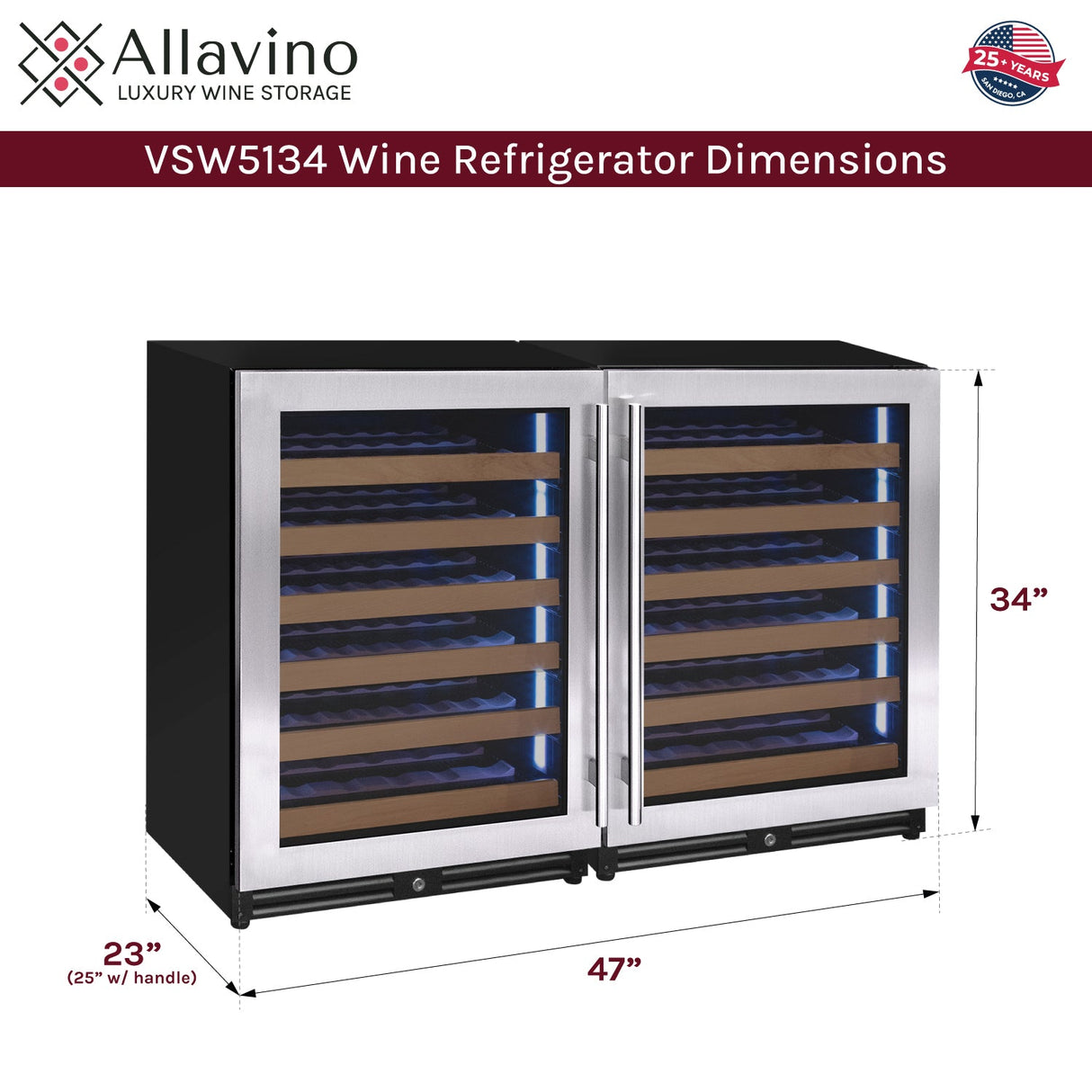 Allavino Reserva Series 102‑Bottle Dual Zone Built‑In Luxury Wine Refrigerator with Stainless Steel Doors Side‑by‑Side BF 2X‑VSW5134S‑1S
