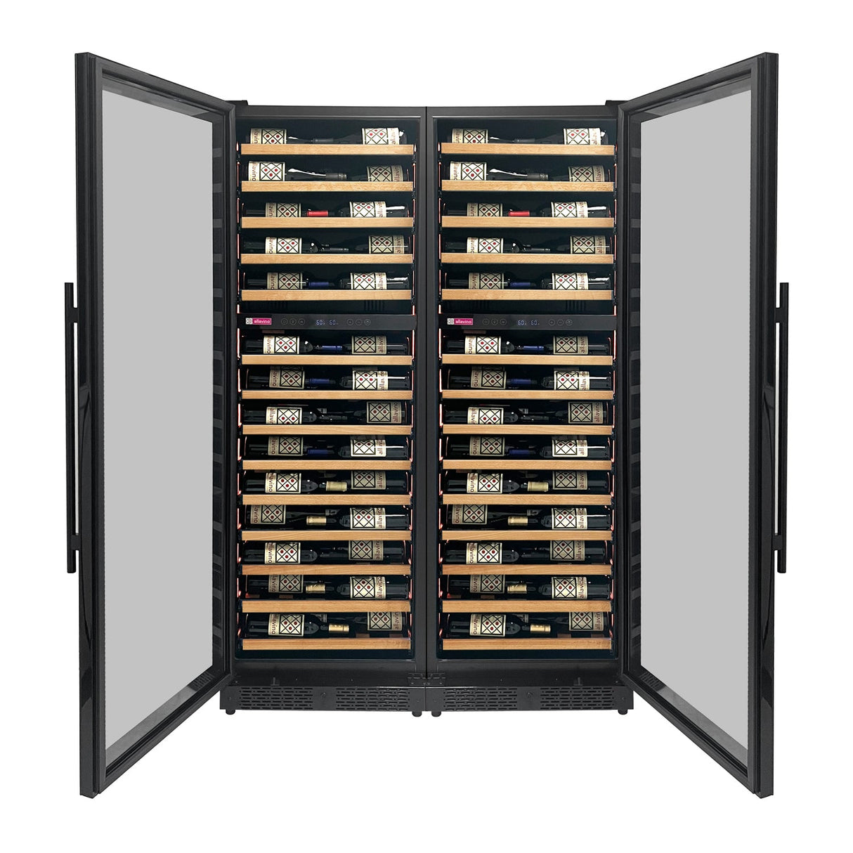 Allavino Reserva Series 134 Bottle 71" Tall Four Zone Black Side-by-Side Shallow Wine Refrigerator with Wood Front Shelves