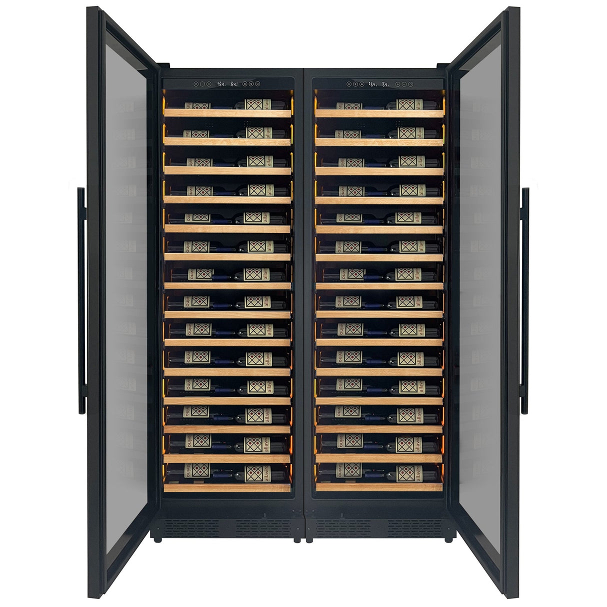 Allavino Reserva Series 134 Bottle 71" Tall Dual Zone Black Side-by-Side Shallow Wine Refrigerator with Wood Front Shelves