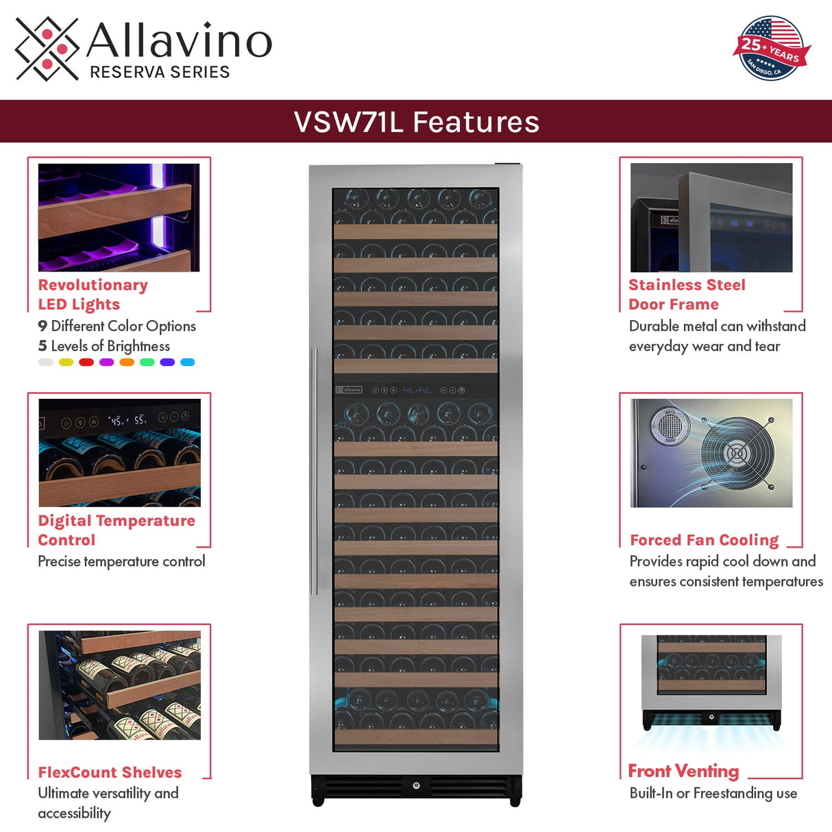 Allavino Reserva Series 344-Bottle 71″ Tall Four Zone Built-In Side-by-Side Wine Refrigerator with Stainless Steel Doors