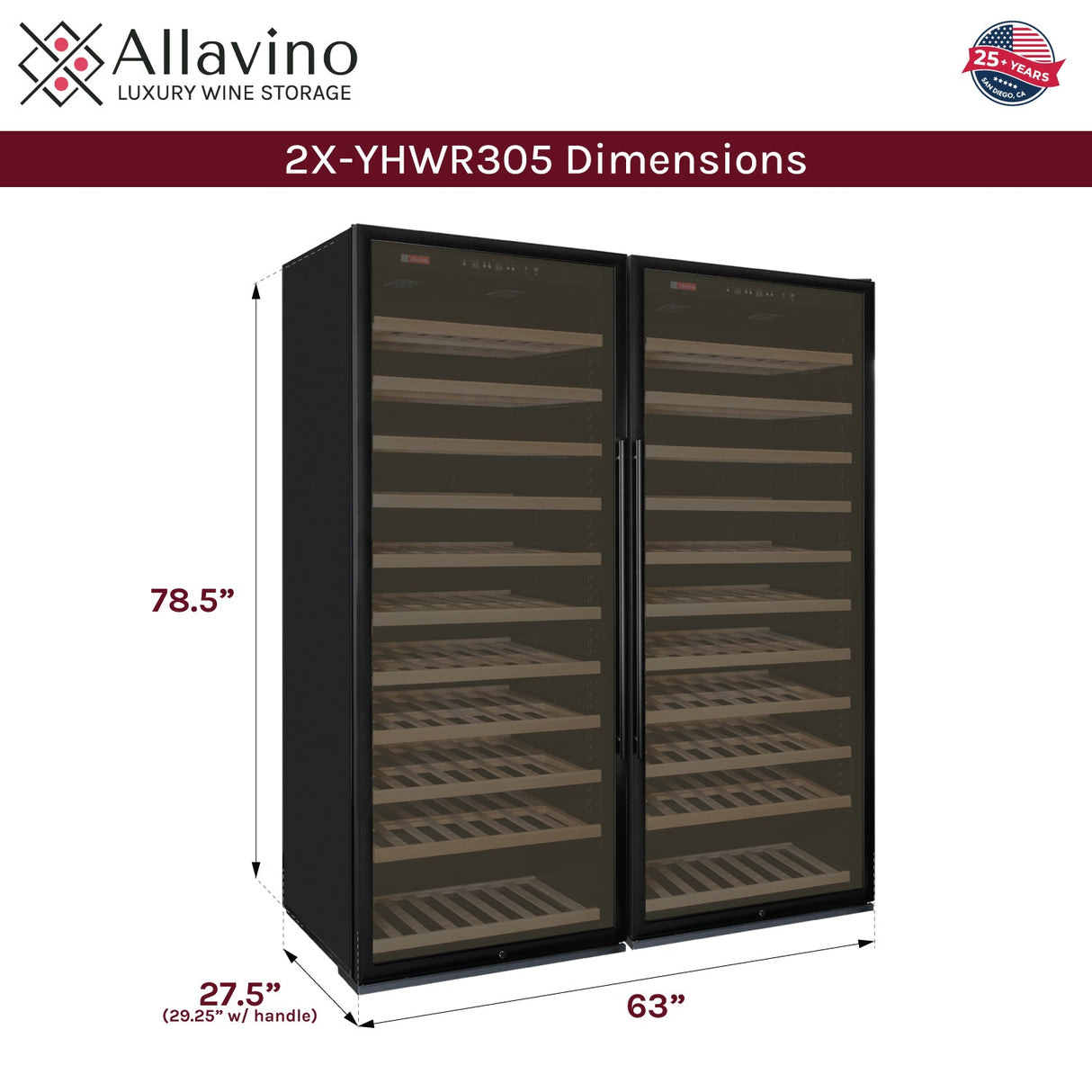 Allavino 63" Wide Vite II Tru-Vino 554 Bottle Dual Zone Black Side-by-Side Wine Refrigerator