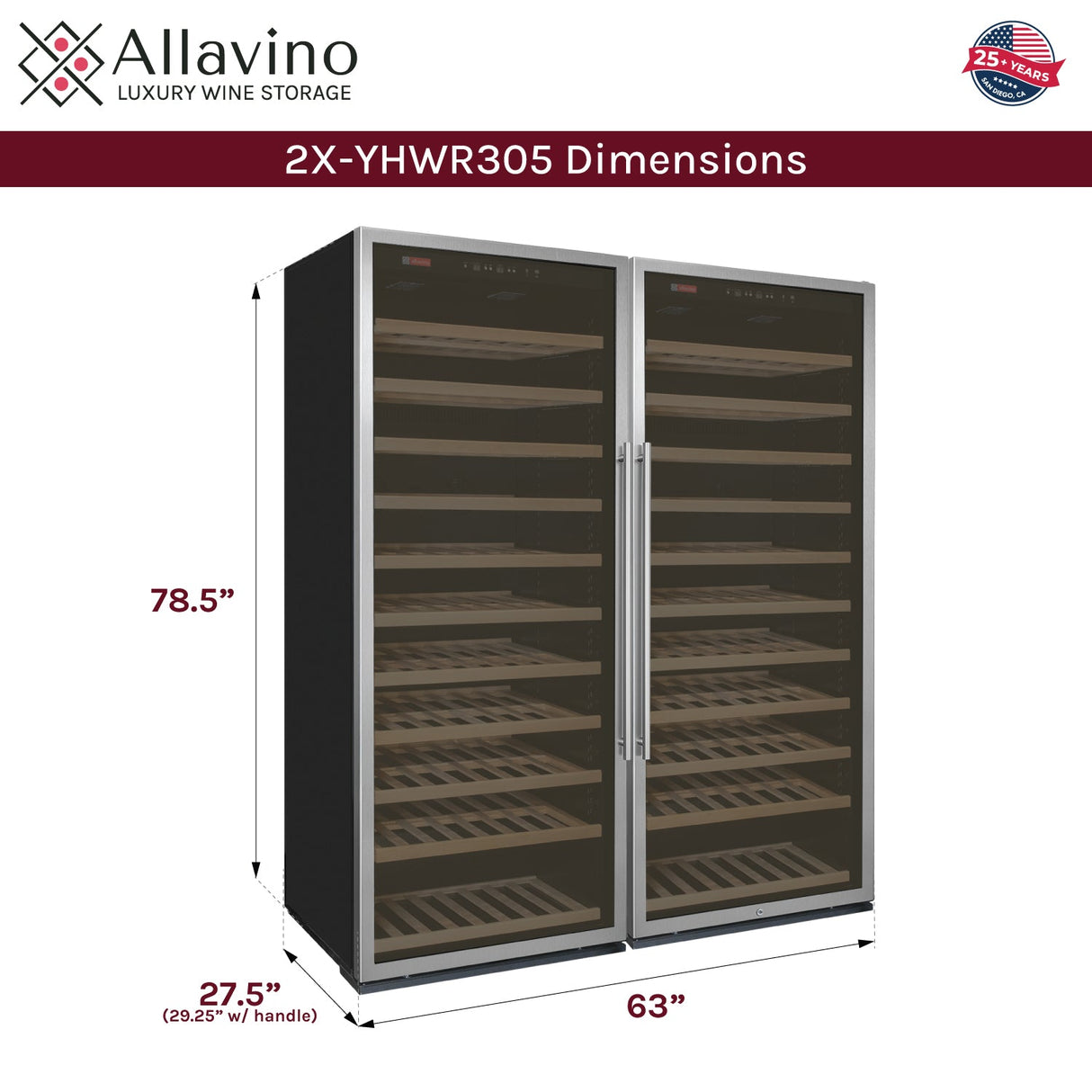 Allavino Vite II Tru-Vino 63″ 554 Bottle Dual Zone Stainless Steel Side-by-Side Wine Refrigerator