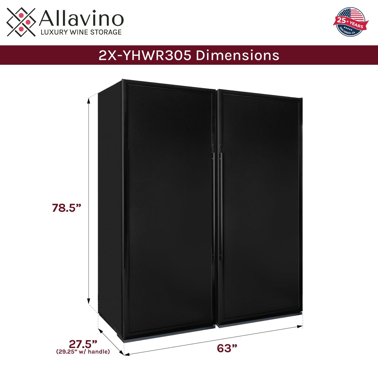 Allavino 63″ Wide Vite II Tru-Vino 610 Bottle Dual Zone Solid Black Door Side-by-Side Wine Refrigerator