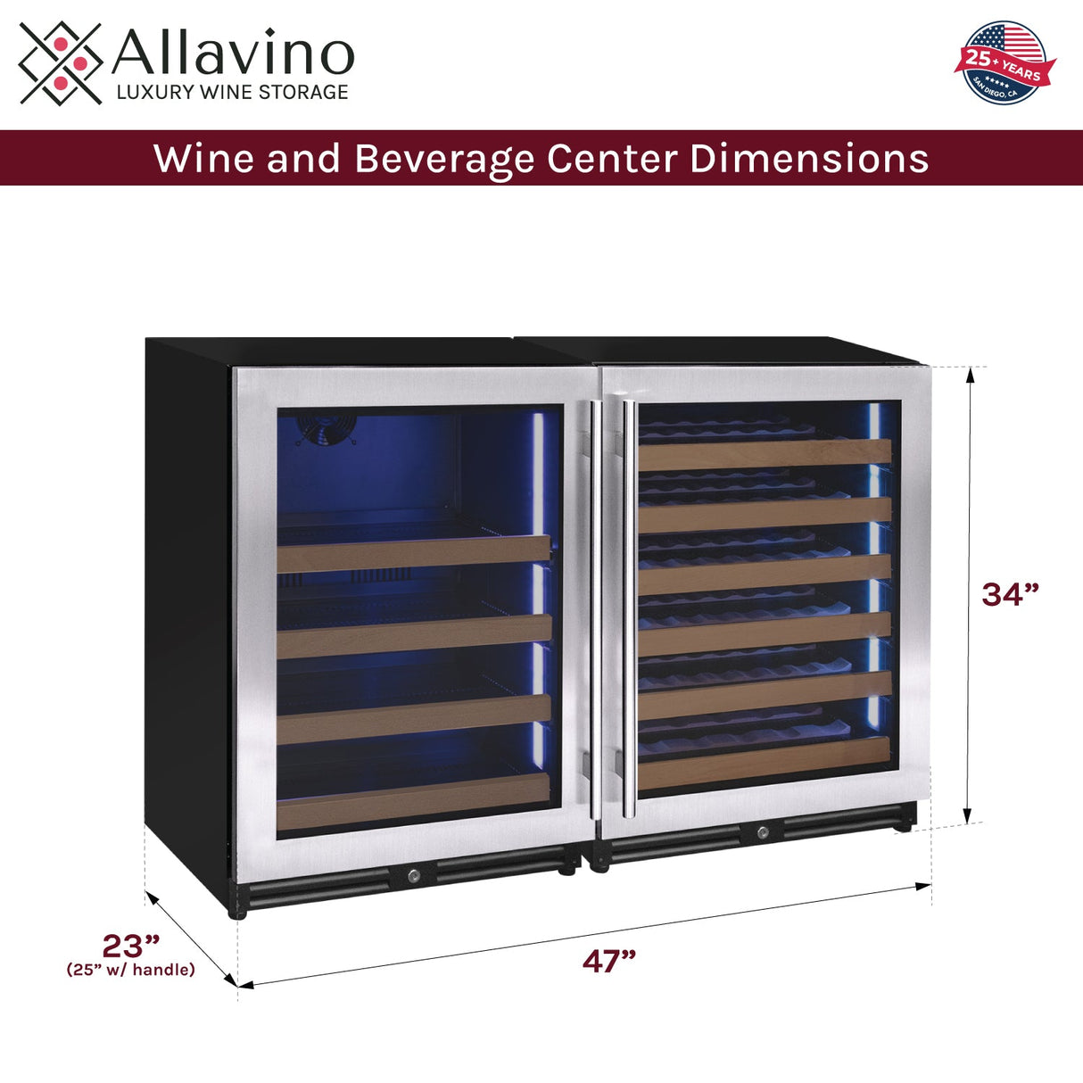 47" Wide Reserva Series 51 Bottle/124 Can Stainless Steel Side-by-Side Two Zone Wine Refrigerator/Beverage Center