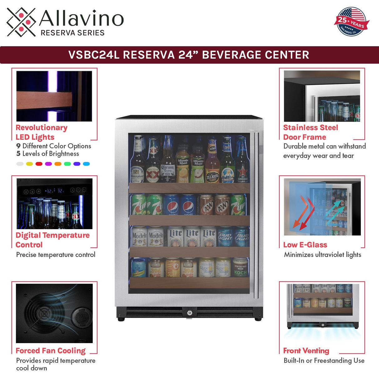 47" Wide Reserva Series 51 Bottle/124 Can Stainless Steel Side-by-Side Two Zone Wine Refrigerator/Beverage Center