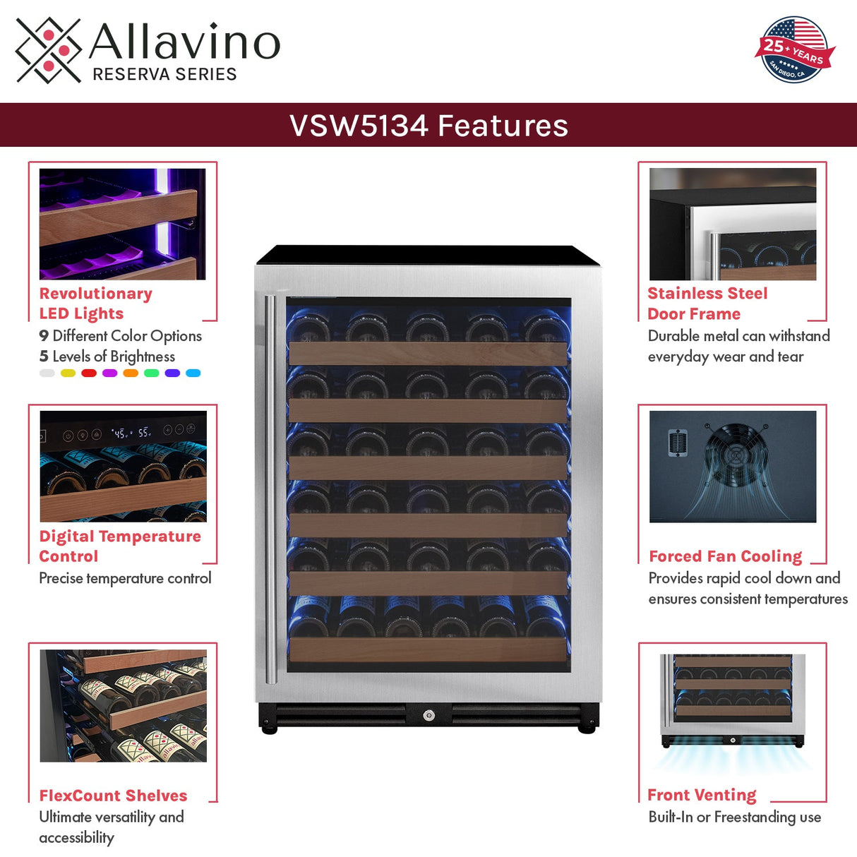 47" Wide Reserva Series 51 Bottle/124 Can Stainless Steel Side-by-Side Two Zone Wine Refrigerator/Beverage Center