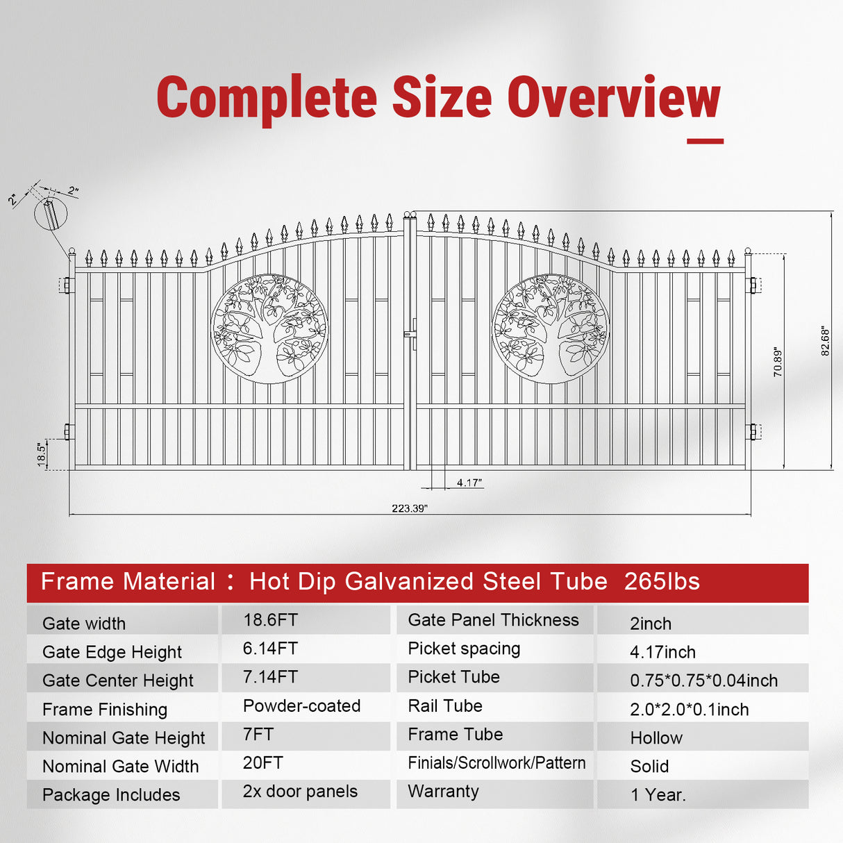 20FT Double Swing Steel Driveway Gate with Tree of Life Design