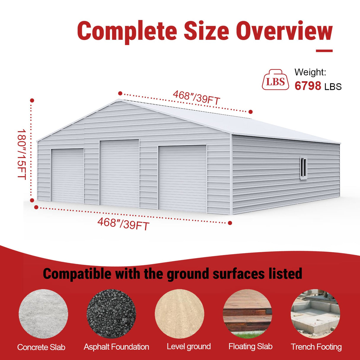 39FT × 39FT Metal Barn Heavy-Duty Steel Building with 3 Rolling Doors