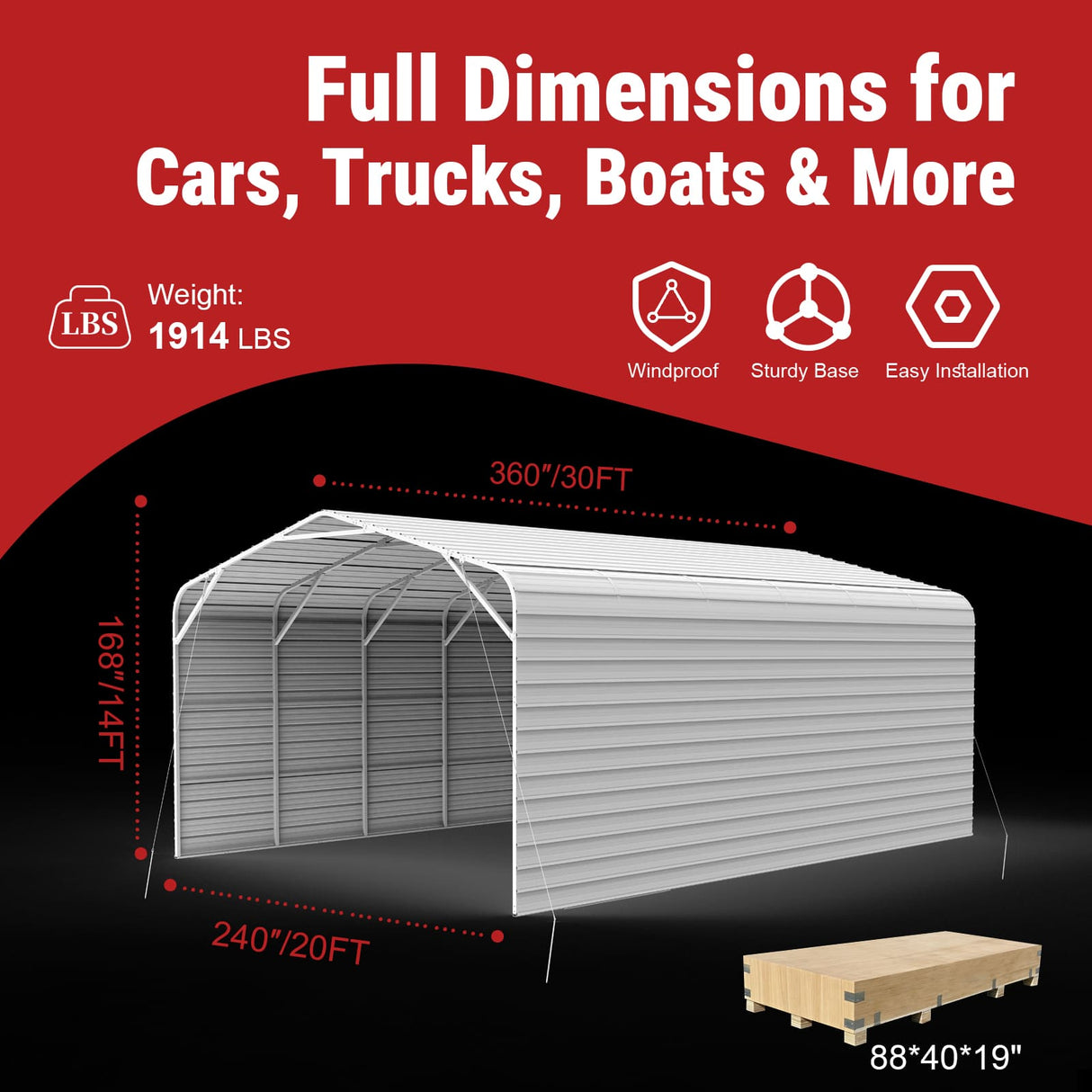 20FT × 30FT Metal Garage Heavy-Duty Steel Carport with 13FT Peak Roof