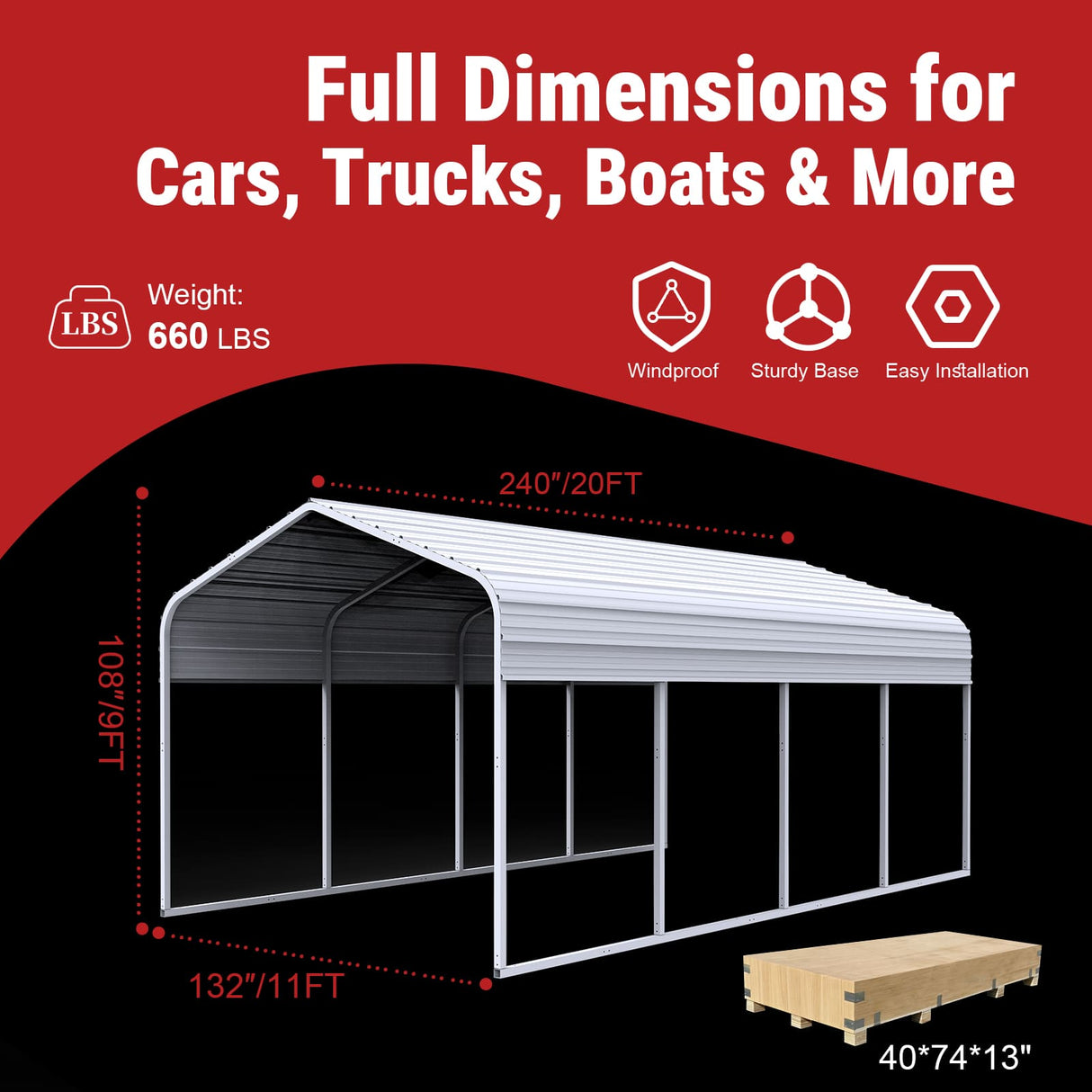 11FT × 20FT Metal Carport Reinforced Steel Roof Shelter for Outdoor Parking