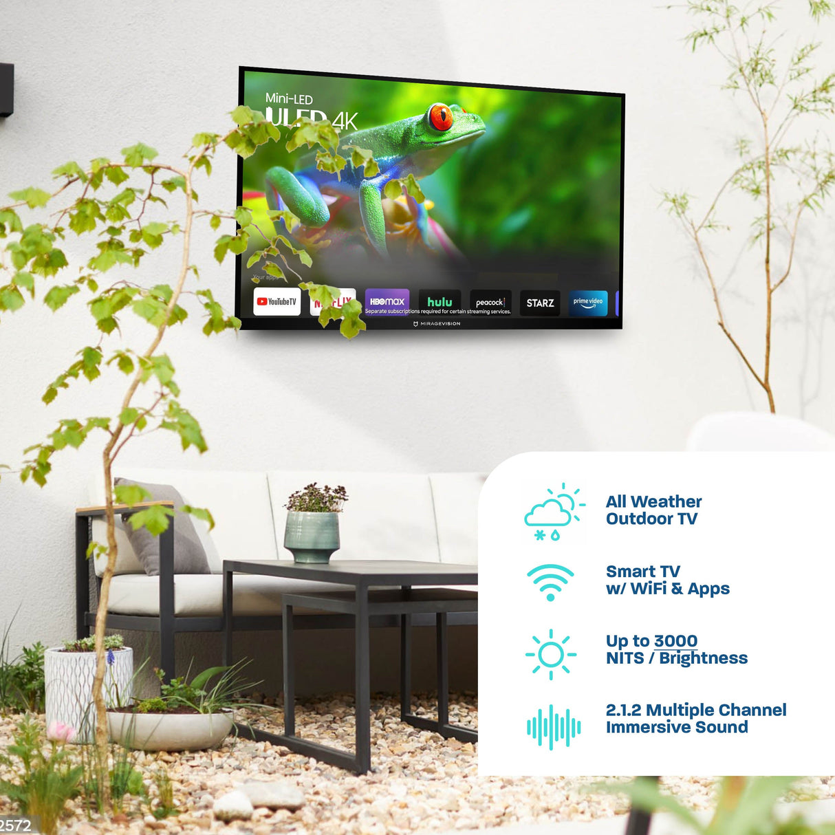 MirageVision Platinum Outdoor TV — Premium Full-Sun 4K Mini-LED IP55