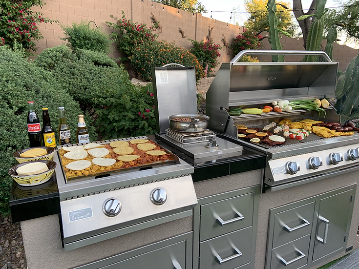 KoKoMo Grills Teppanyaki, Griddle, Built in BBQ Grill with Side Burner, Storage Drawers 7'6"