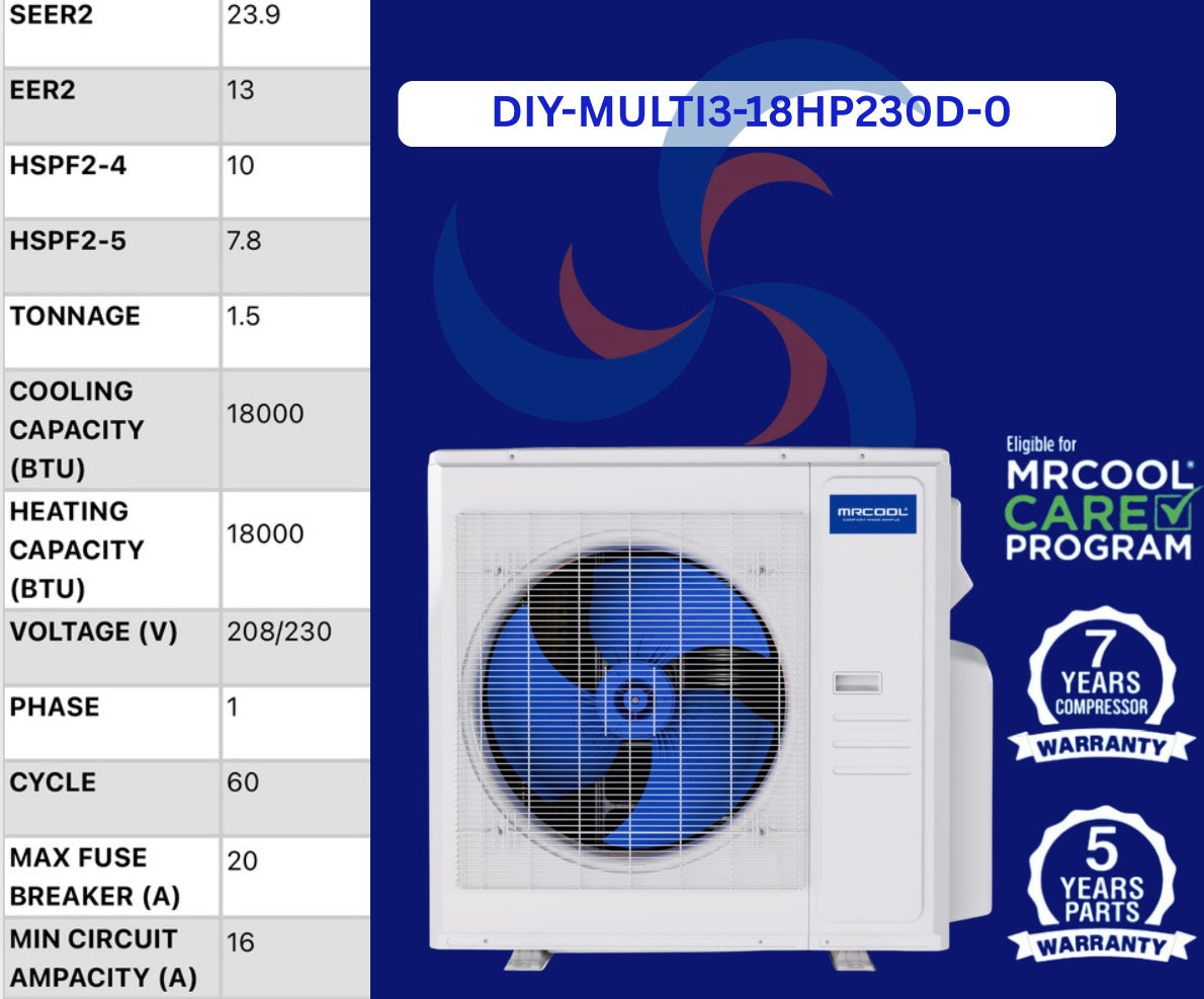 MRCOOL DIY 5th Gen 18,000 BTU 2‑Zone Ductless Mini Split Air Conditioner & Heat Pump with Pre‑Charged (25ft + 35ft) Line Sets (9K + 9K) — DIYM218HPW03D07