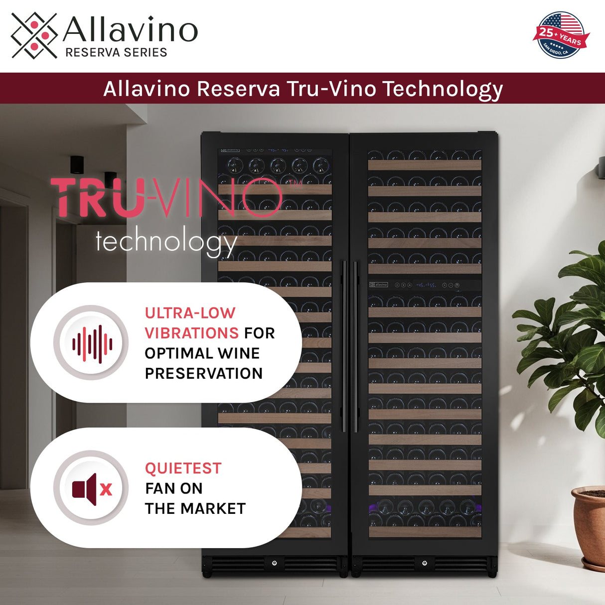 Allavino Reserva Series 317-Bottle Three Zone Tall Side-by-Side Wine Refrigerator with Black Metal Doors