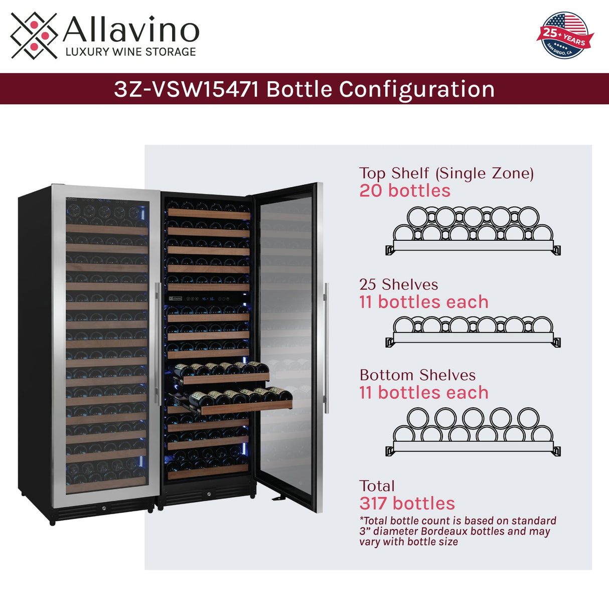 Allavino Reserva Series 317-Bottle 71" Tall Three-Zone Stainless Steel Side-by-Side Wine Refrigerator 3Z-VSW15471
