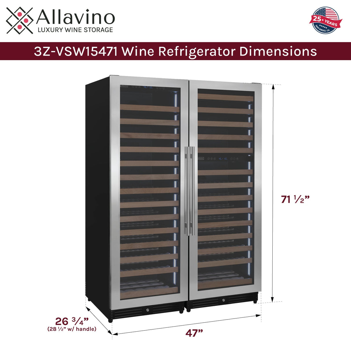 Allavino Reserva Series 317-Bottle 71" Tall Three-Zone Stainless Steel Side-by-Side Wine Refrigerator 3Z-VSW15471