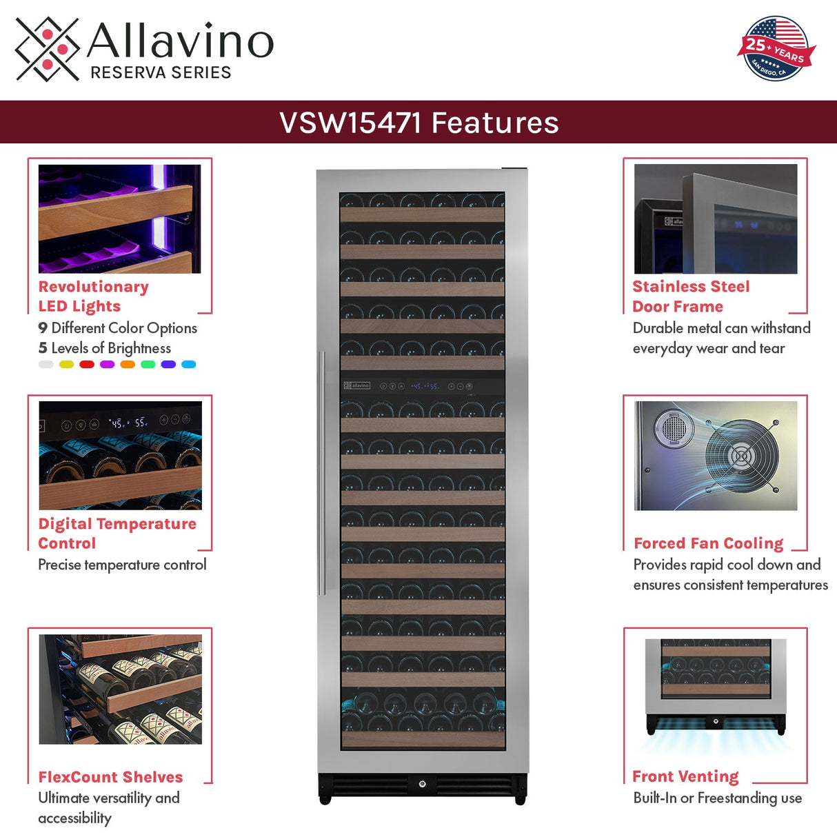 Allavino Reserva Series 317-Bottle 71" Tall Three-Zone Stainless Steel Side-by-Side Wine Refrigerator 3Z-VSW15471